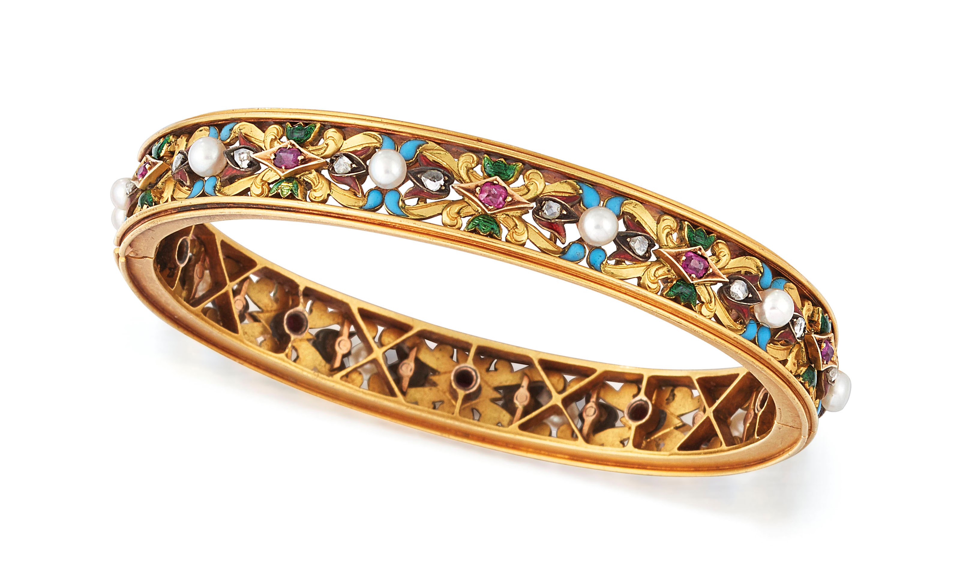 19TH CENTURY RUBY, PEARL, ENAMEL AND DIAMOND BANGLE, GIULIANO