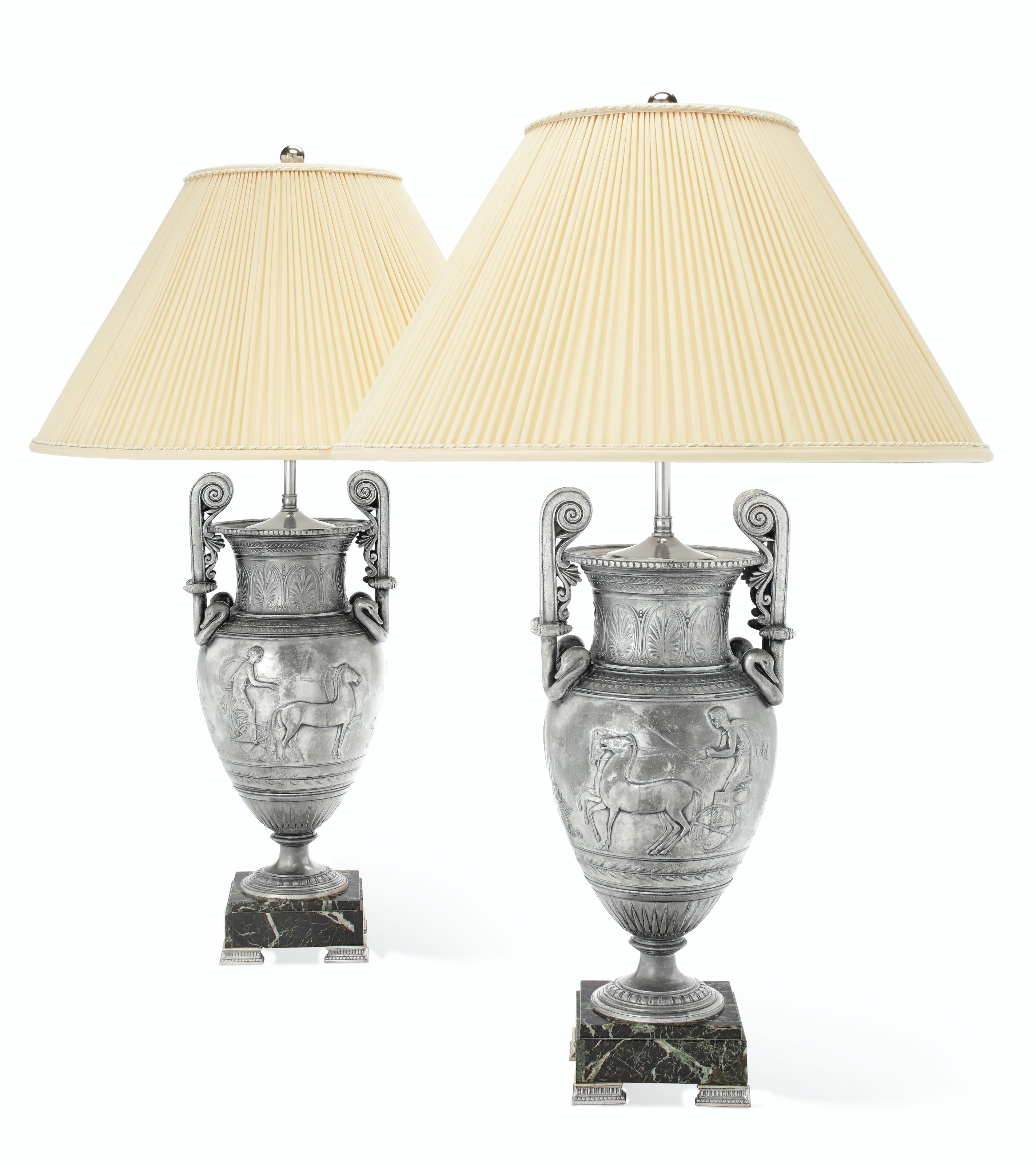 A PAIR OF FRENCH SILVERED-COPPER ELECTROTYPE BRONZE VASES, MOUNTED AS LAMPS