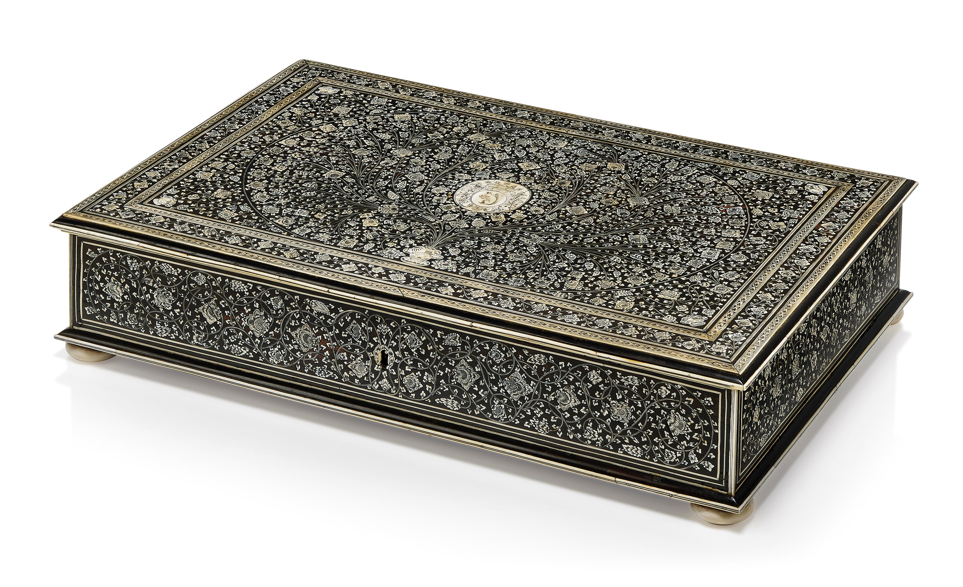 A DUTCH COLONIAL SILVER-MOUNTED IVORY-INLAID EBONY AND EBONISED DOCUMENT BOX