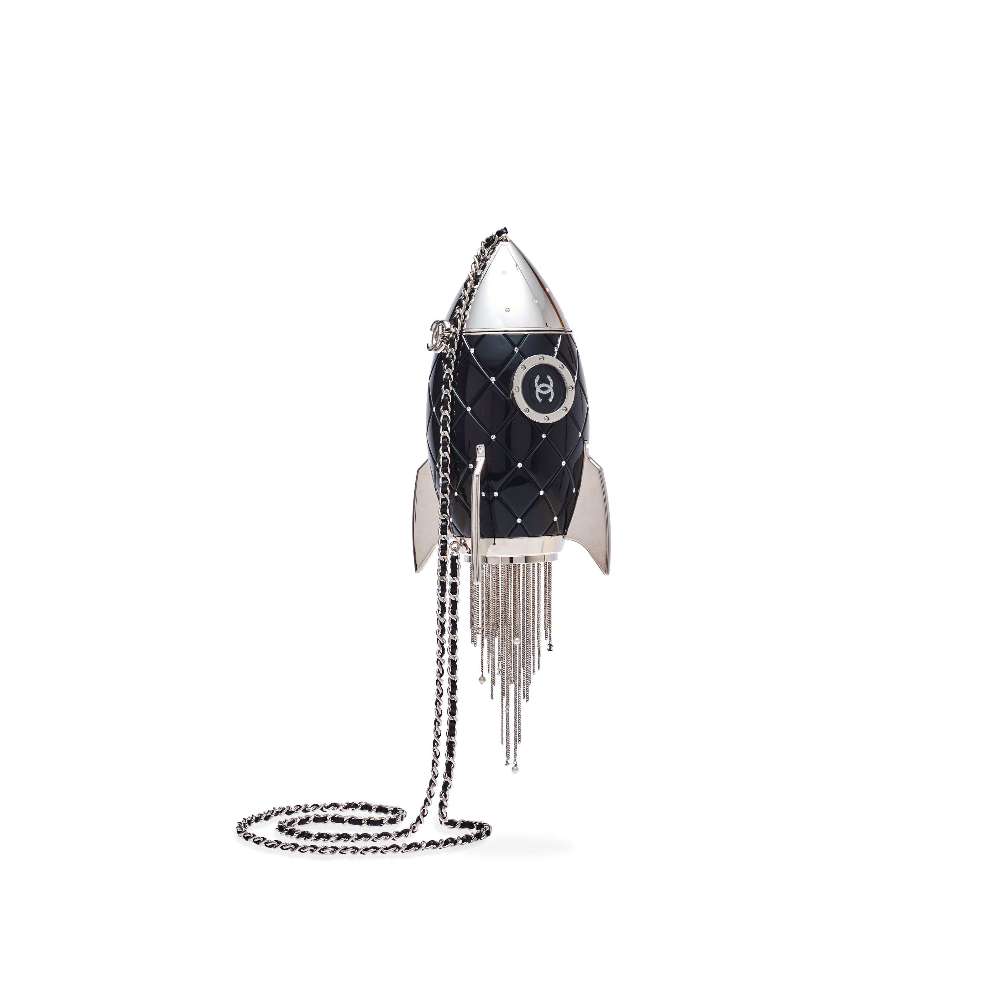 A RUNWAY BLACK LUCITE & CRYSTAL ROCKET SHIP EVENING BAG