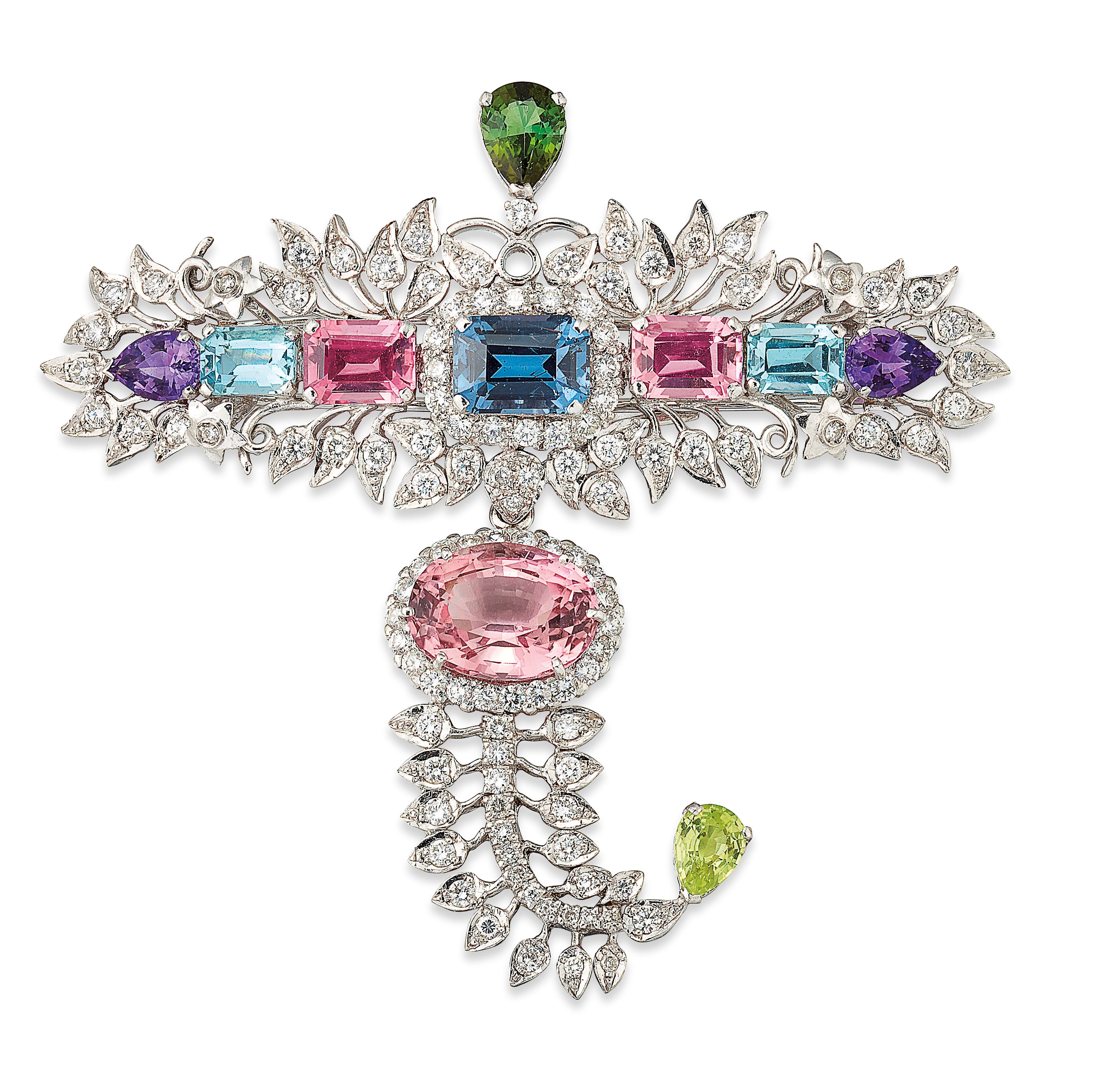 MULTI-GEM AND DIAMOND BROOCH