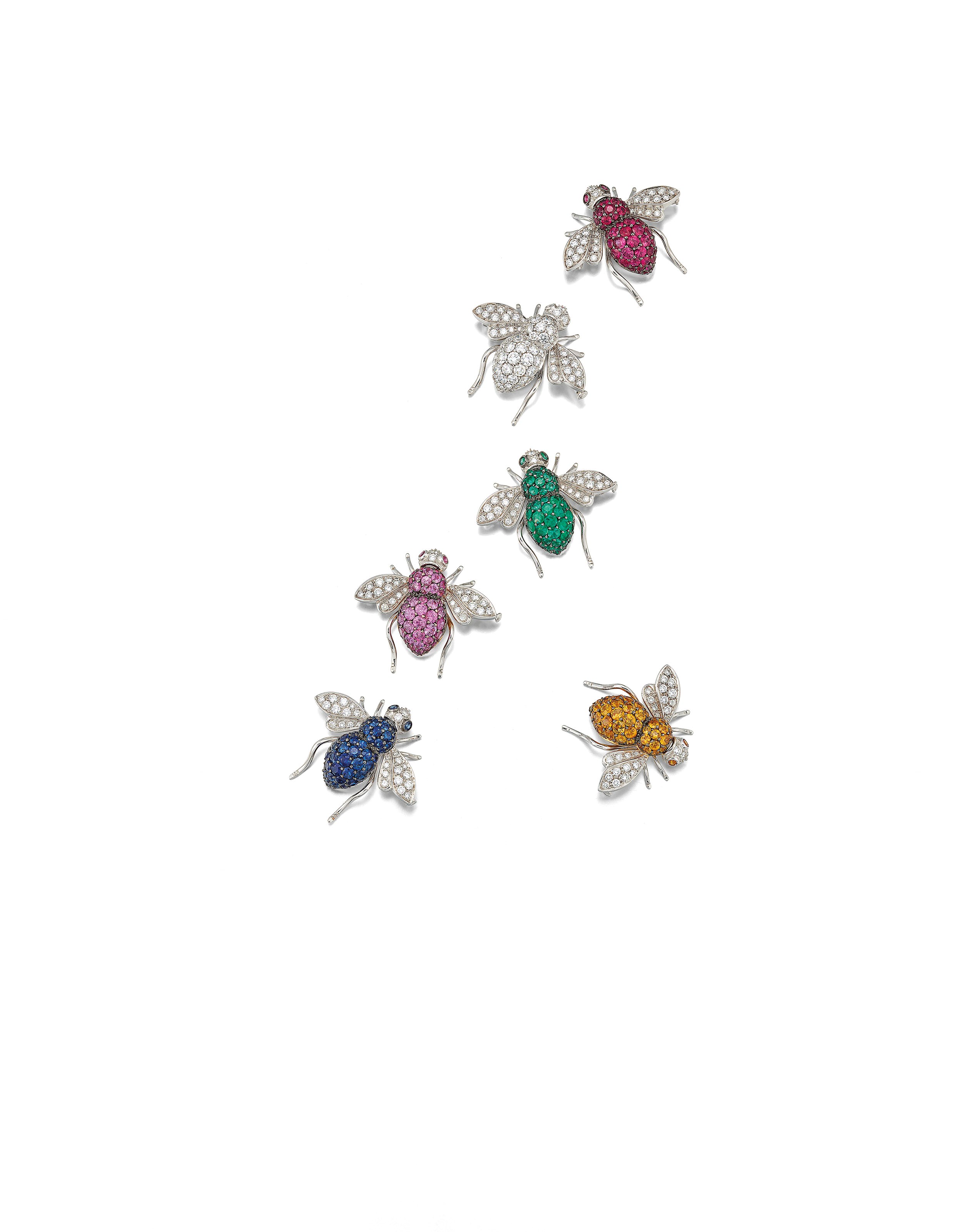 GROUP OF SIX MULTI-GEM AND DIAMOND BEE BROOCHES