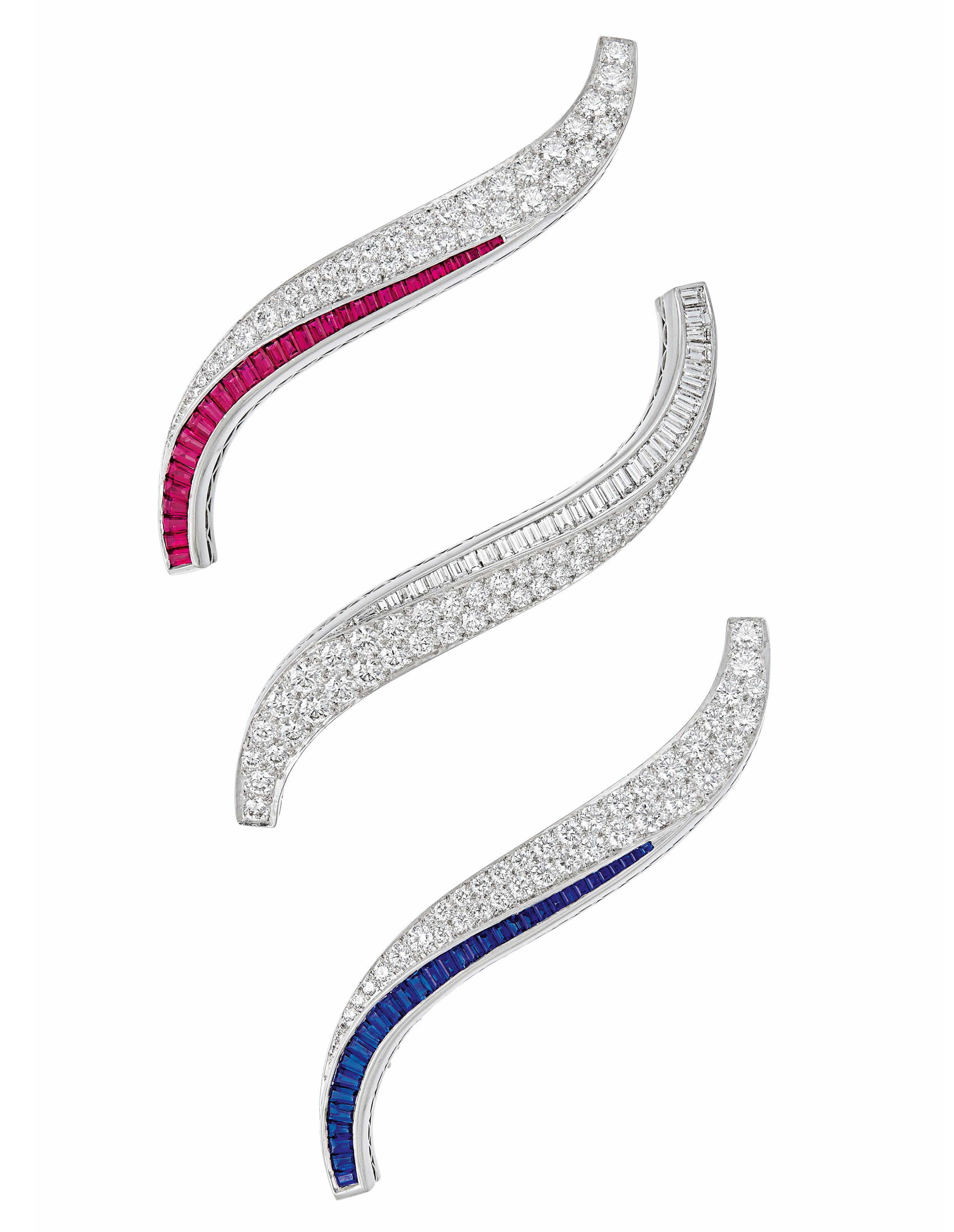 THREE DIAMOND, SAPPHIRE AND RUBY 'FLAME' BROOCHES, VAN CLEEF & ARPELS