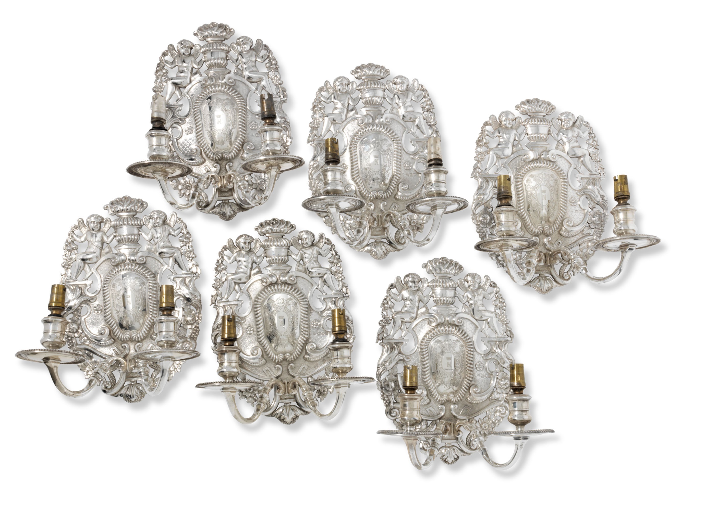 A SET OF SIX EDWARD VII SILVER TWO-LIGHT WALL SCONCES