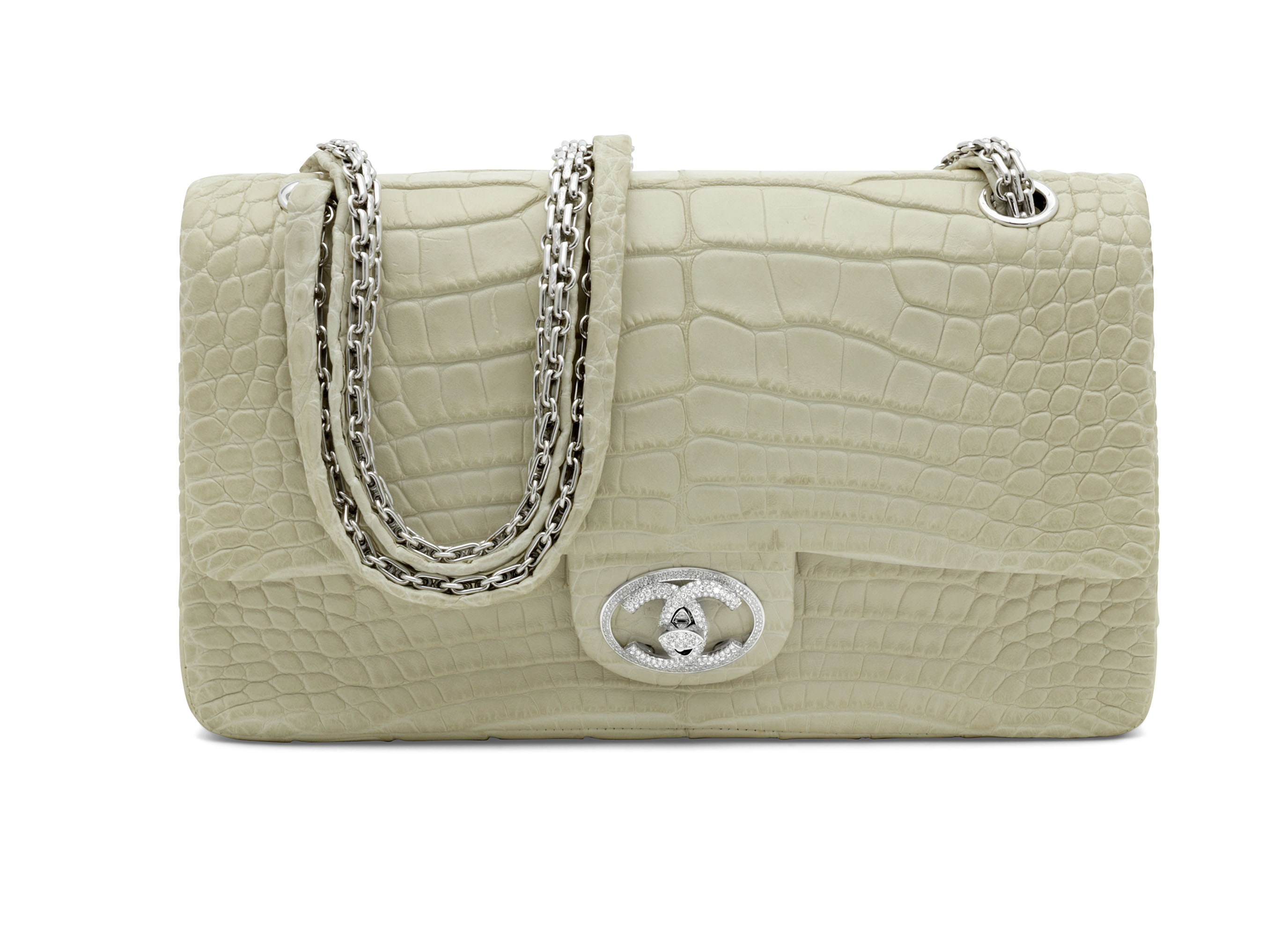 A RARE & EXCEPTIONAL, MATTE WHITE ALLIGATOR DIAMOND FOREVER MEDIUM CLASSIC DOUBLE FLAP WITH 18K WHITE GOLD & DIAMOND HARDWARE