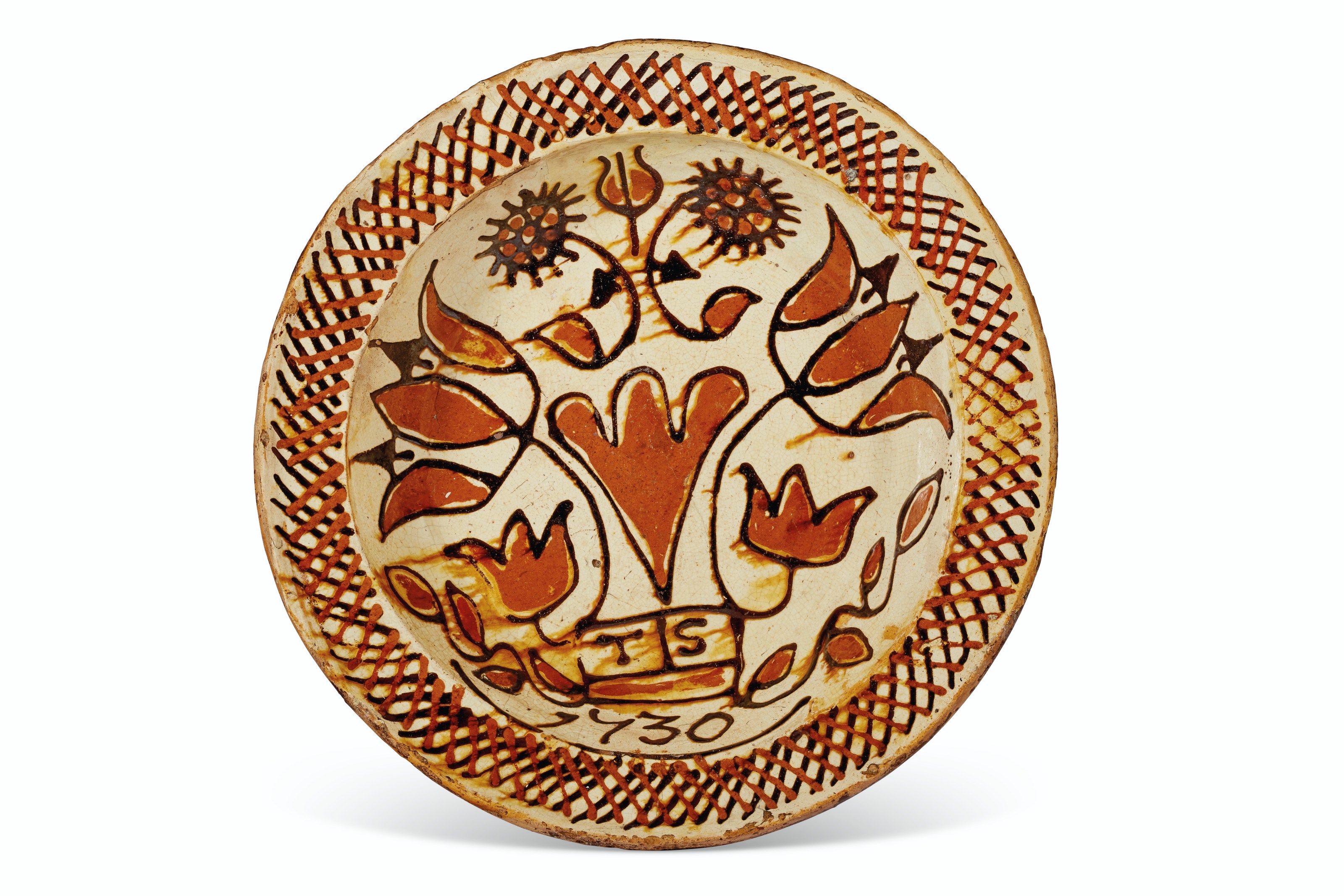 A STAFFORDSHIRE SLIPWARE DATED AND INTIALED DISH