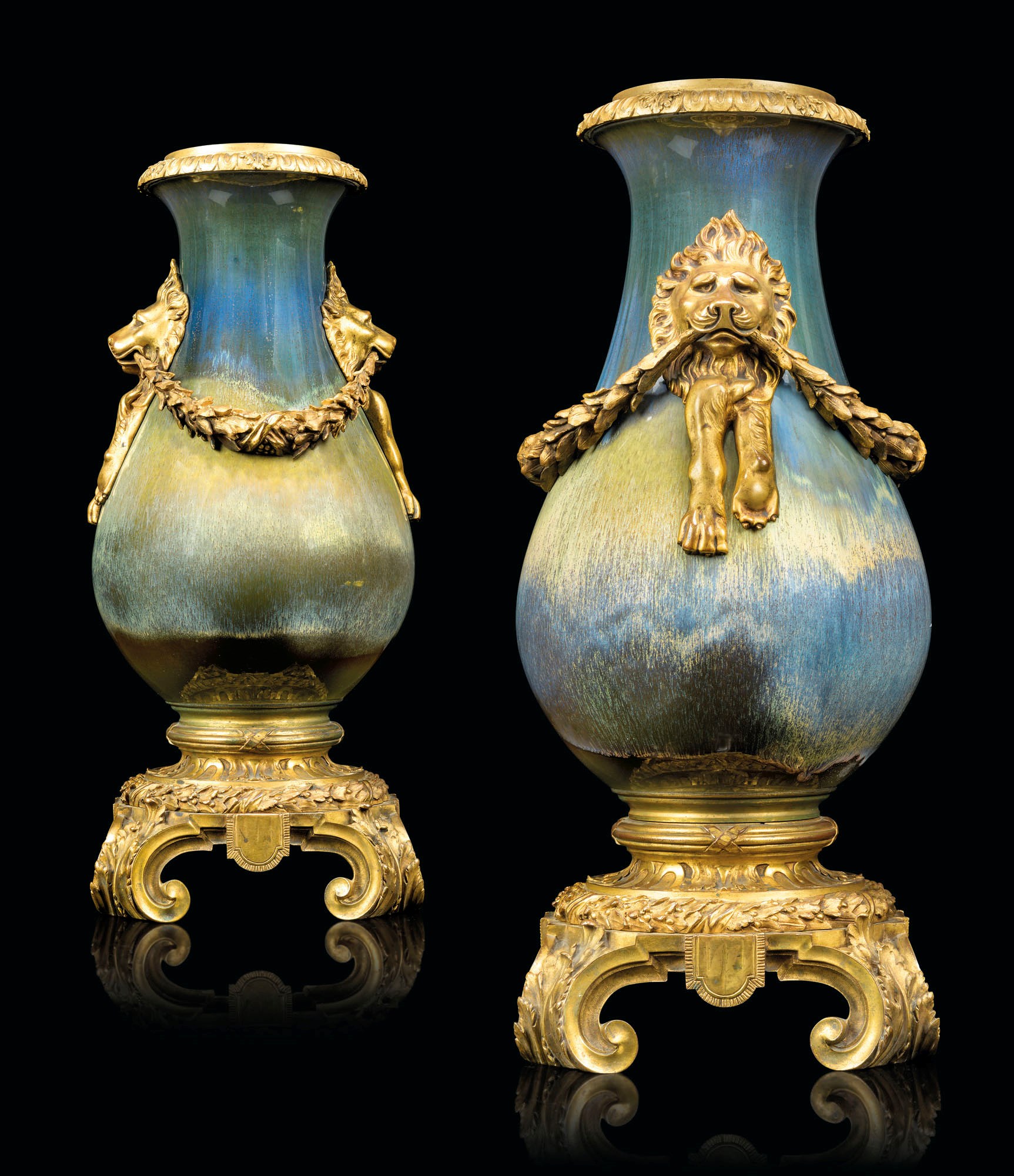 A PAIR FRENCH ORMOLU-MOUNTED FLAMBE-GLAZED PORCELAIN VASES