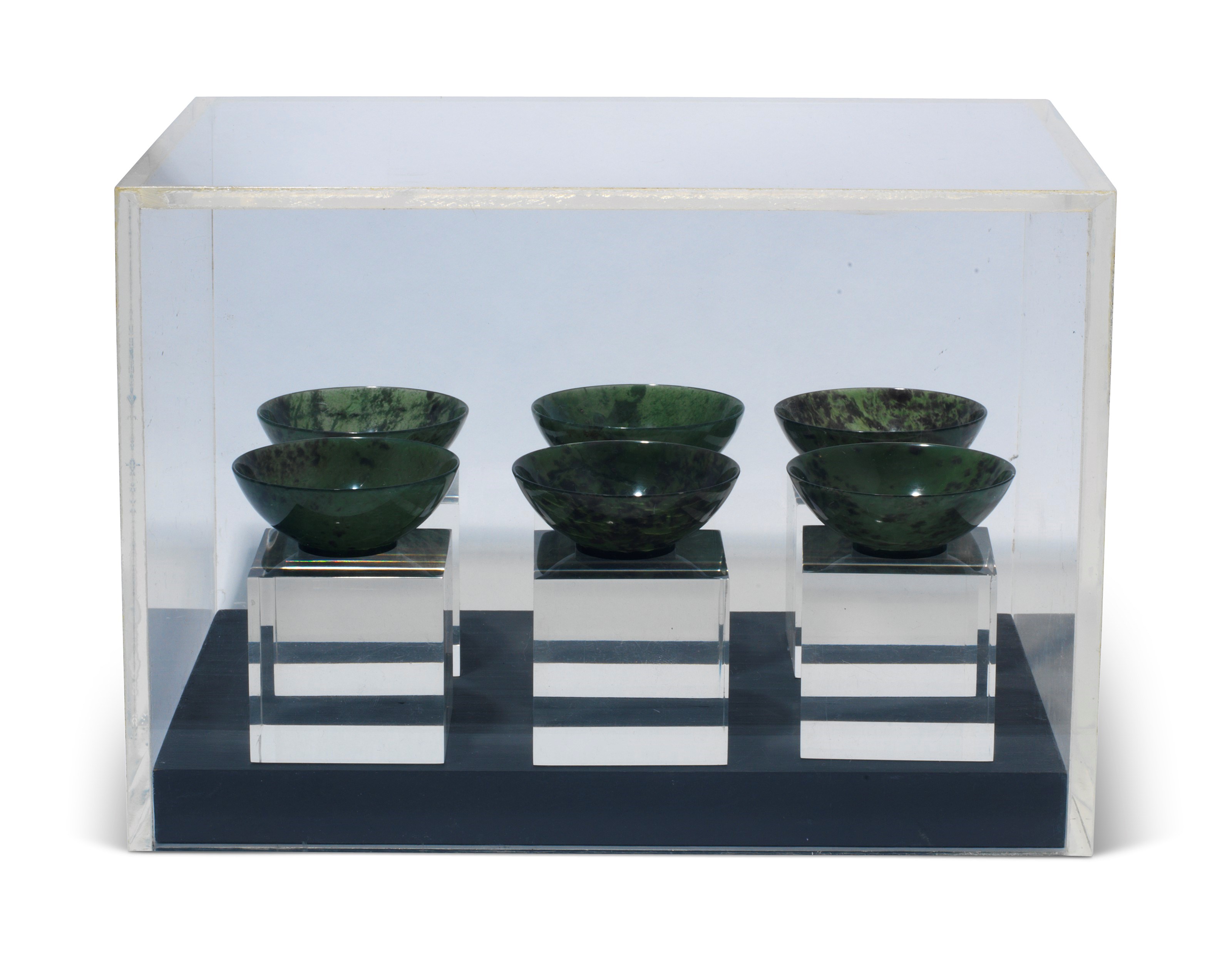 A GROUP OF SPINACH GREEN JADE AND HARDSTONE BOWLS