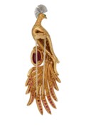 CARTIER COLORED DIAMOND, RUBY AND EMERALD PEACOCK BROOCH