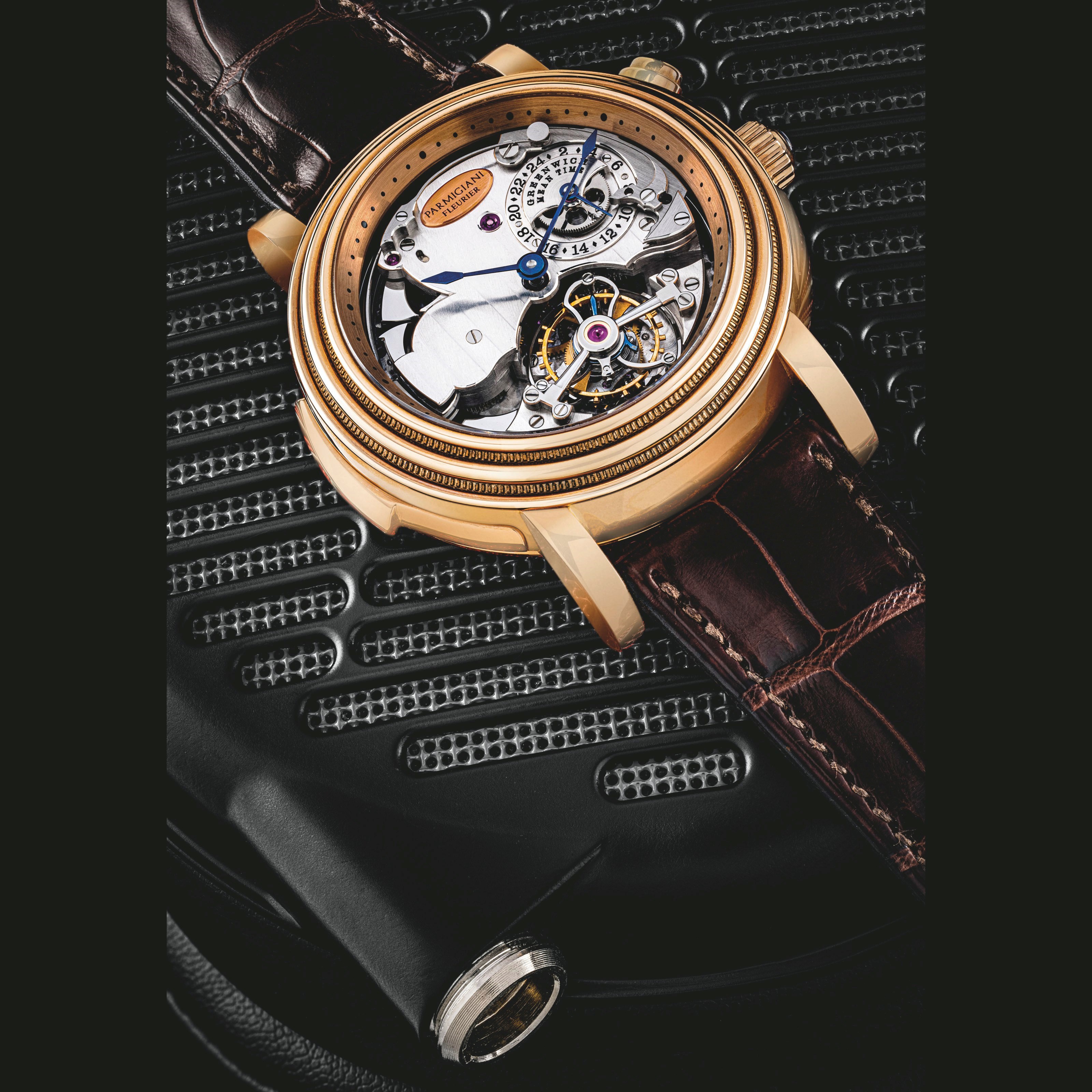 PARMIGIANI FLEURIER，极精细及非常罕有，18K红金半镂空四锤三问西敏寺声陀飞轮腕表，配24小时及两地时间显示，「Toric Westminster」，约2005年制，附原厂证书、盒子及外包装