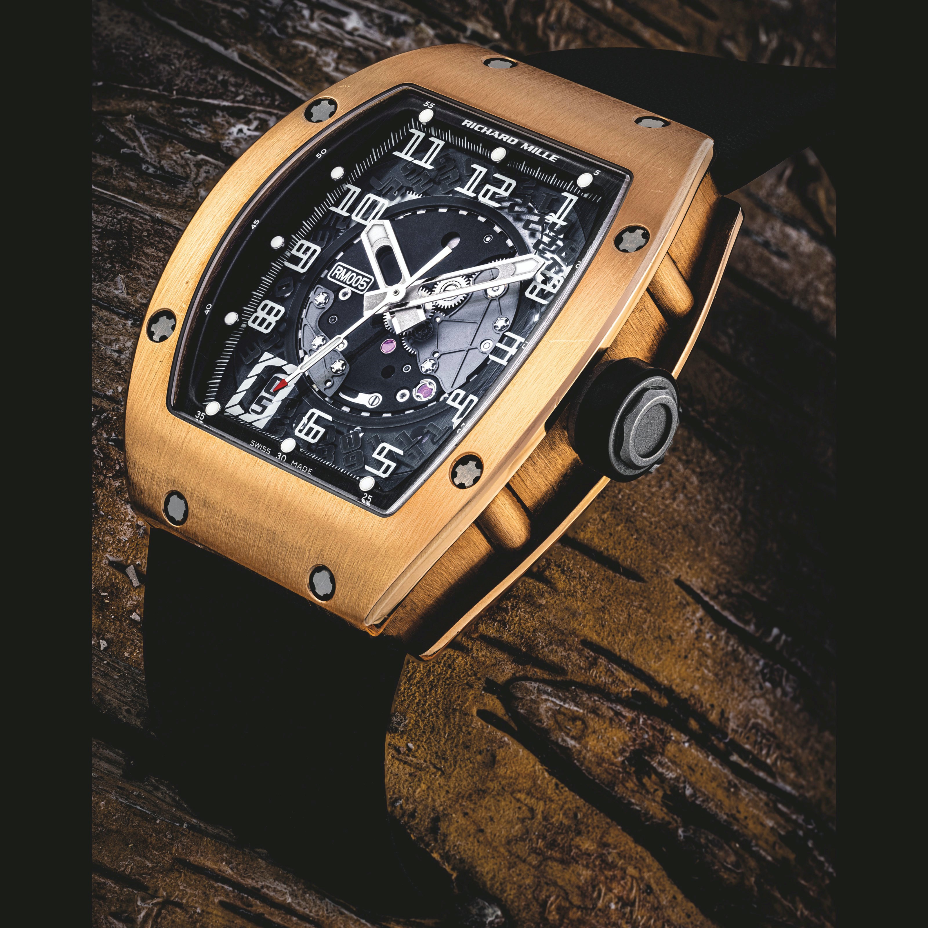 RICHARD MILLE，精美，18K红金镂空自动上弦腕表，配日历显示及中心秒针，型号 RM005，约2005年制