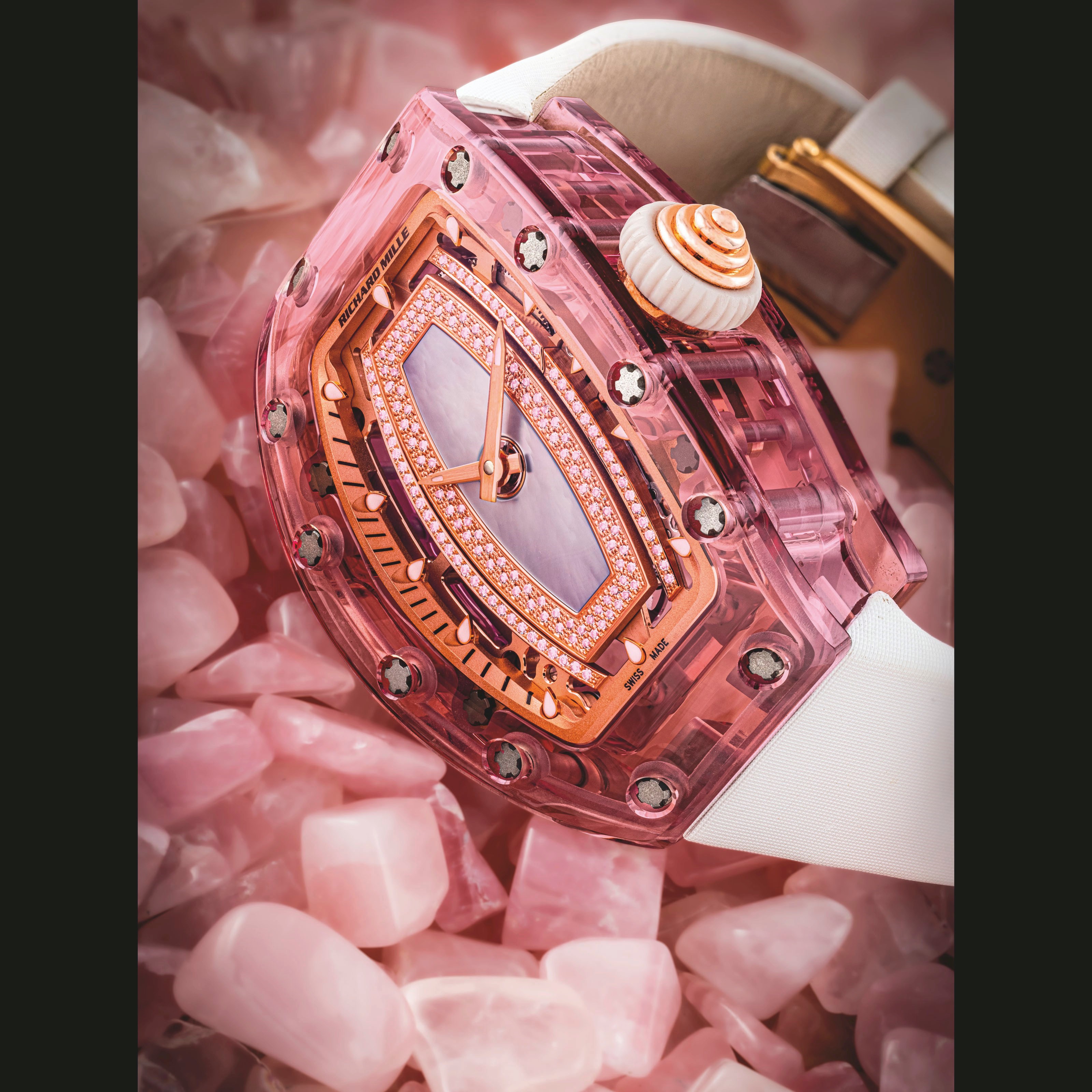 RICHARD MILLE，极罕有，粉红水晶镶钻石自动上弦女装腕表，配贝母表盘，型号07-02，约2016年制，附原厂证书