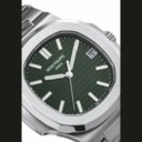 PATEK PHILIPPE. A VERY RARE STAINLESS STEEL AUTOMATIC WRISTWATCH WITH SWEEP CENTRE SECONDS, DATE, BRACELET AND OLIVE GREEN DIAL