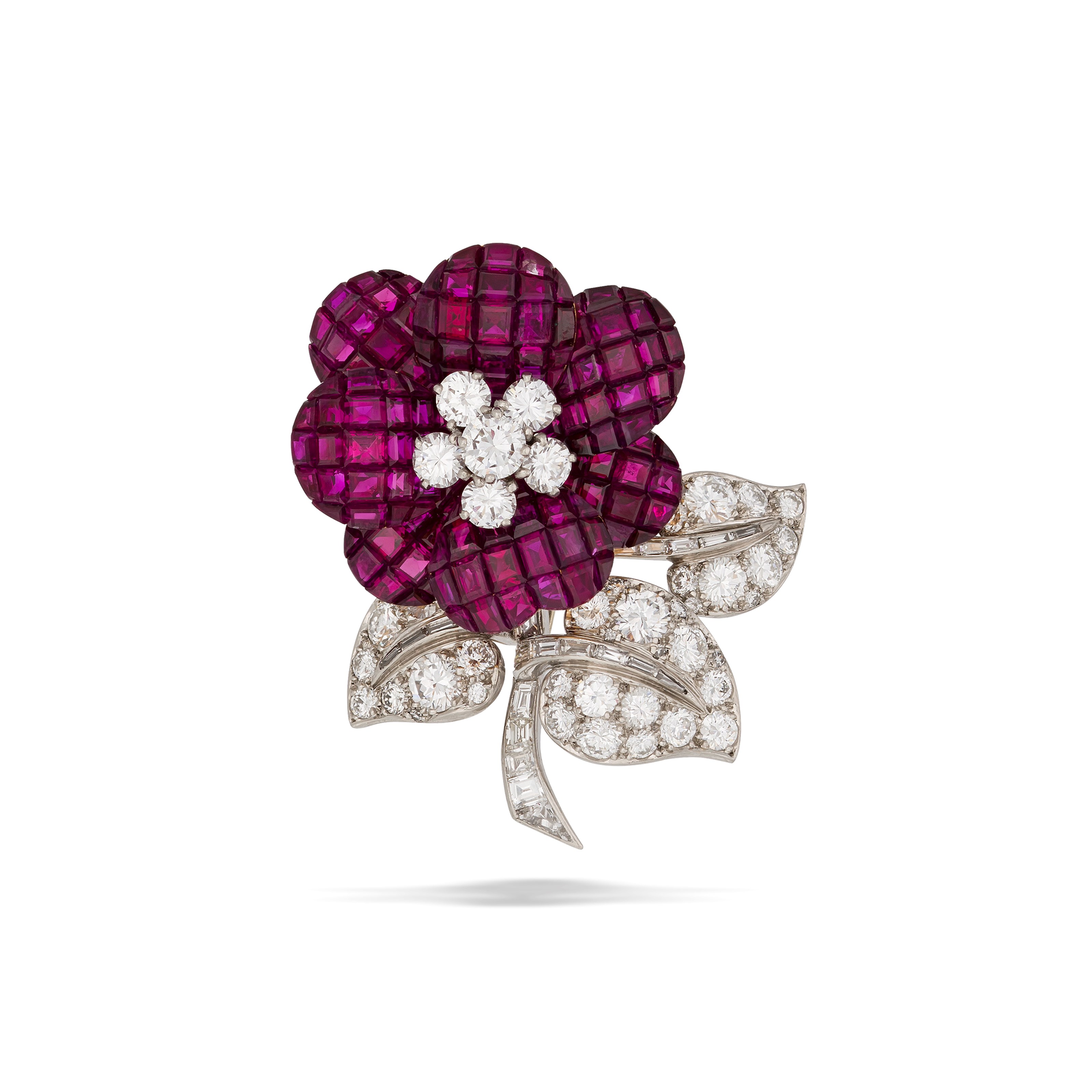 VAN CLEEF &amp; ARPELS RUBY AND DIAMOND 'MYSTERY SET' FLOWER BROOCH