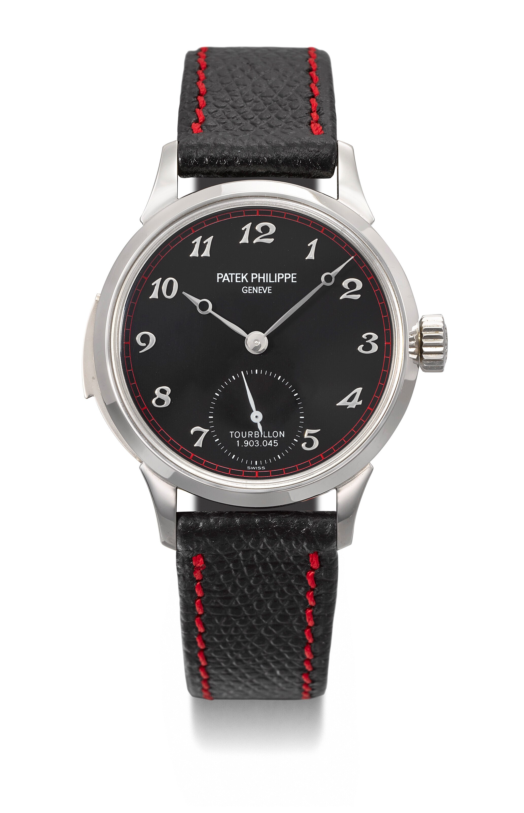 PATEK PHILIPPE. A POSSIBLY UNIQUE AND EXCEPTIONAL PLATINUM MINUTE REPEATING TOURBILLON WRISTWATCH WITH BREGUET NUMERALS AND RED MINUTE TRACK