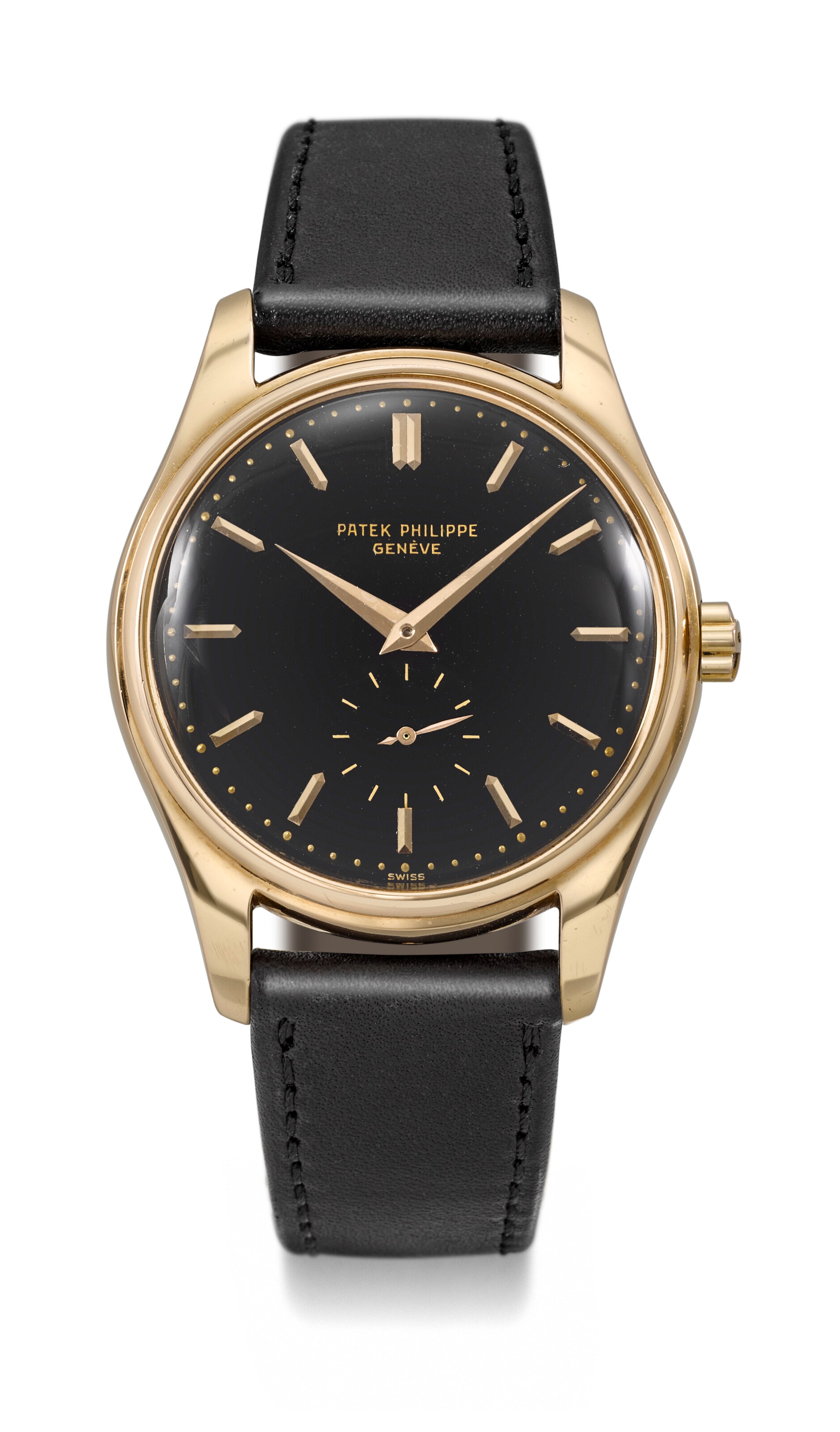 PATEK PHILIPPE. AN EXTRAORDINARY AND IMPRESSIVE 18K PINK GOLD AUTOMATIC WRISTWATCH WITH BLACK ENAMEL DIAL